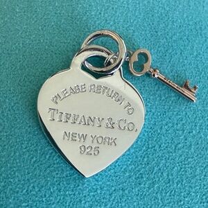 🩵Please Return To Tiffany Silver Heart Pendant Charm w/ Rubedo Gold Key Tag